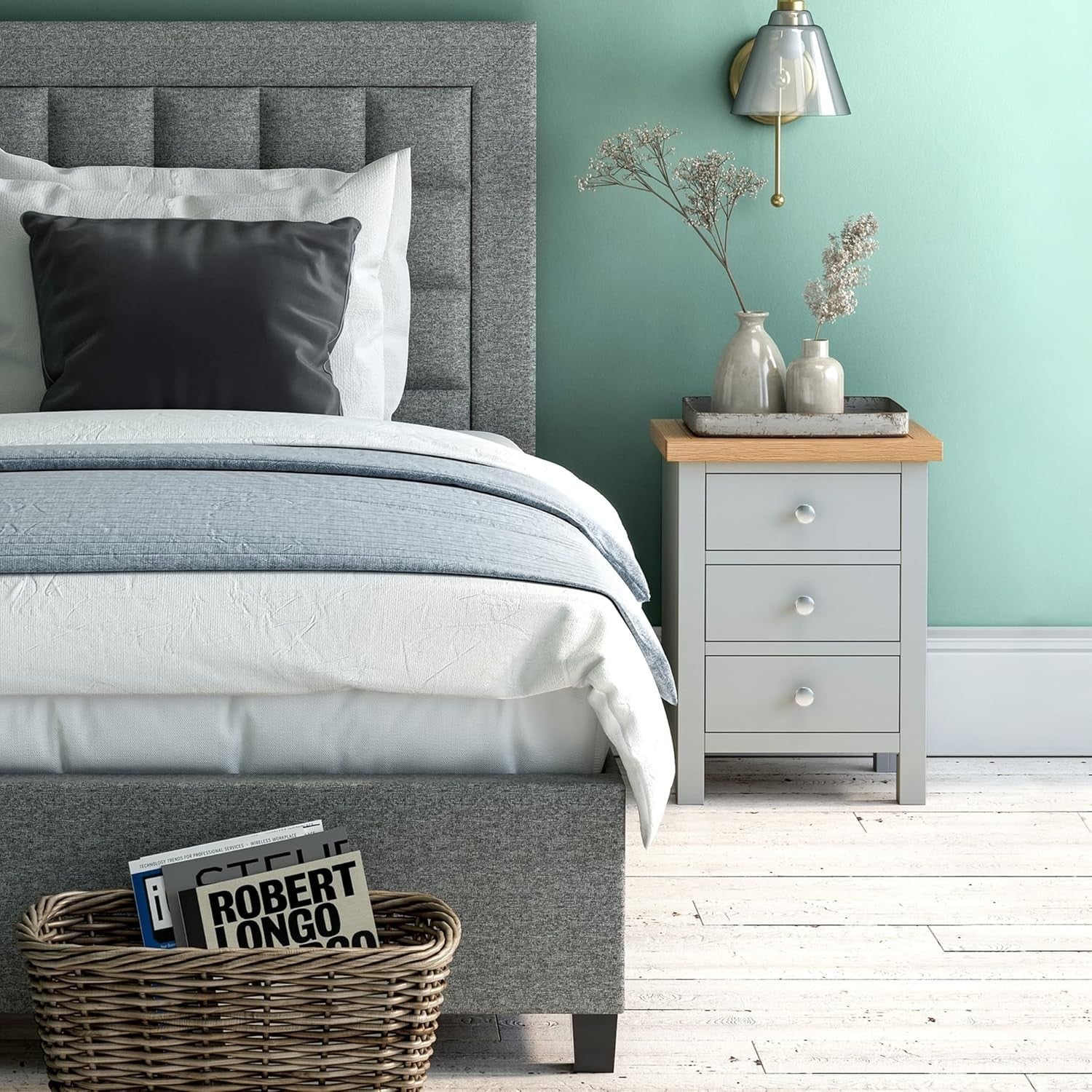 Grey 3 Drawer Bedside Table with Oak Top | Solid Wood Storage Unit