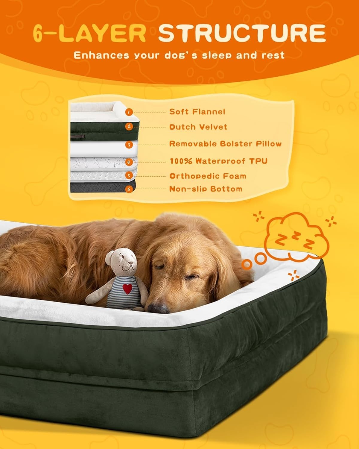 XL Orthopedic Dog Bed Waterproof Washable Bolster 117x76cm