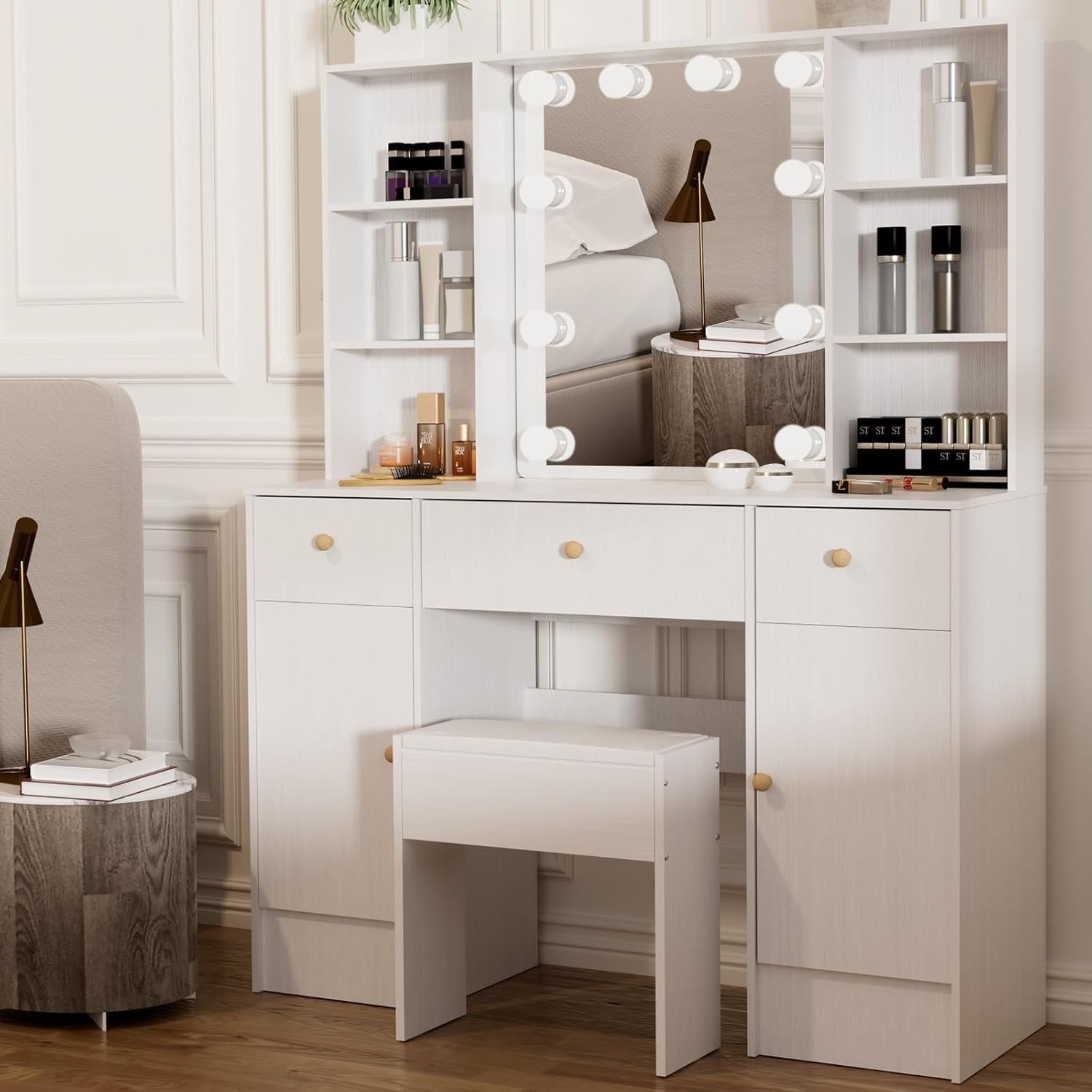Modern White Vanity Makeup Desk Mirror 3 Drawer Storage Set Dressing Table