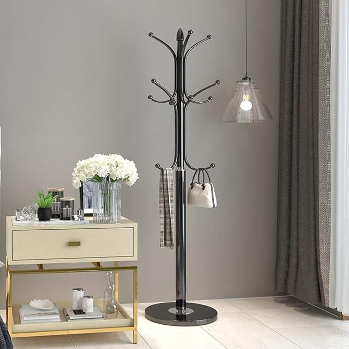 Modern Black Metal Coat Rack Stand | Freestanding Hallway Tree with Hooks