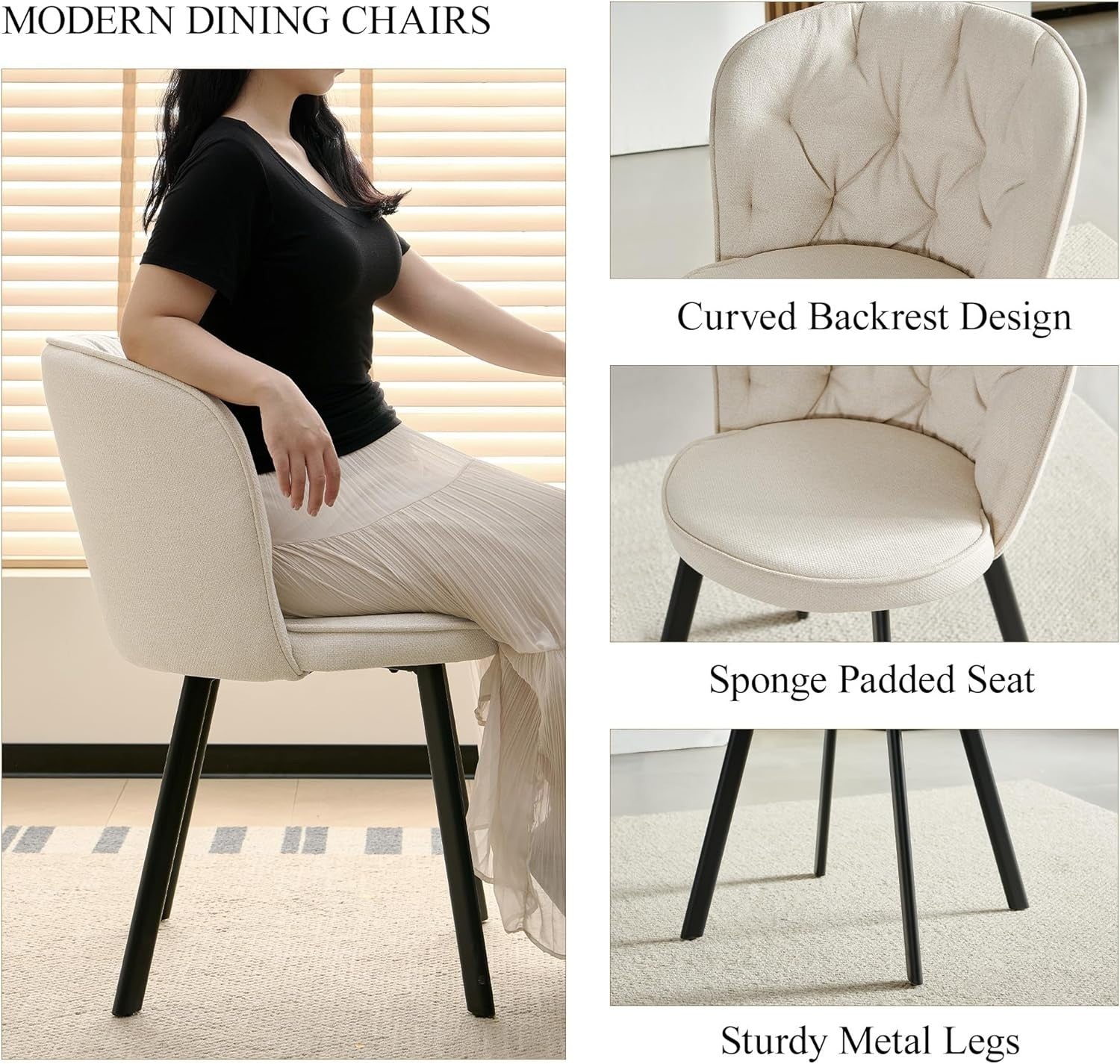 Round Dining Table & 4 Beige Chairs Set | Wooden Marble Top | Linen Upholstery