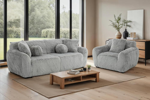 Plush Grey Sofa Set 3+1 Faux Fur Deep Seat Armchair Lounge Suite UK