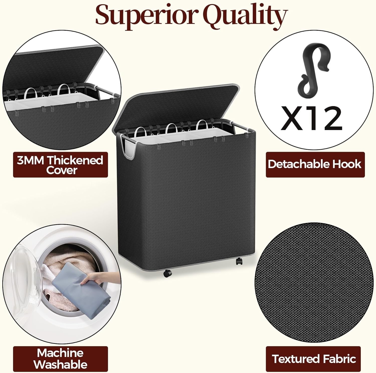 160L Large Rolling Laundry Hamper with Lid 2-Section Basket Removable Bags Black
