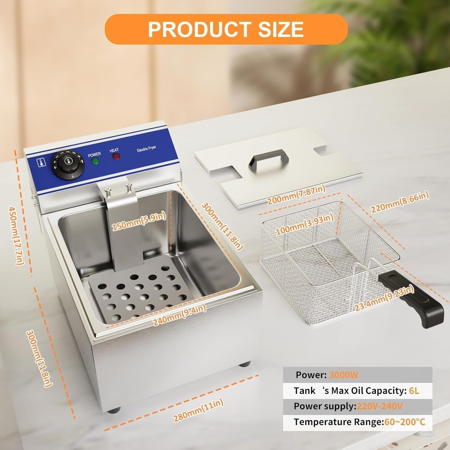 6L Commercial Deep Fat Fryer Stainless Steel Single Tank Countertop