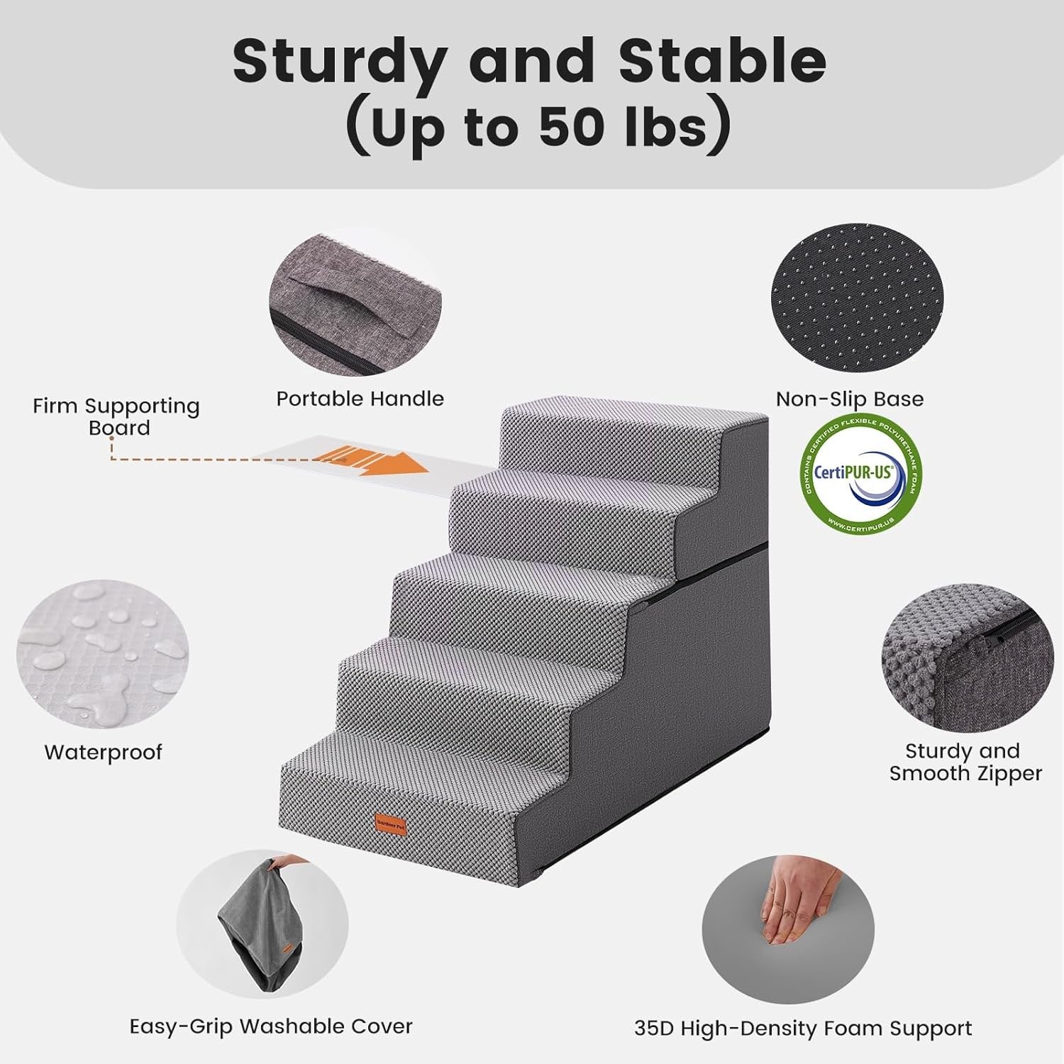5 Step Adjustable Dog Stairs Foam Ramp Non-Slip Grey 58cm H
