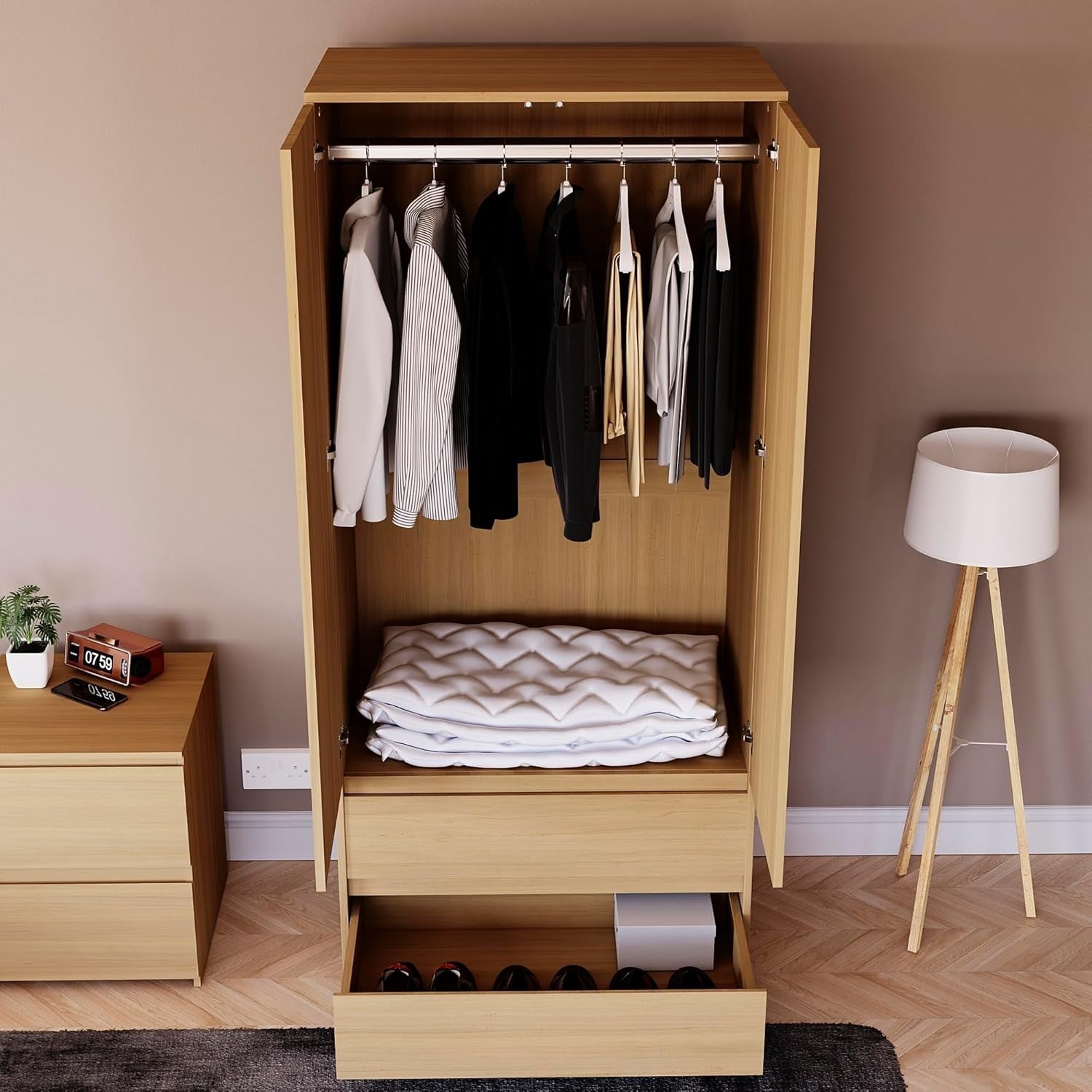 2 Door Wardrobe with 2 Drawers Pine Wood Storage Cabinet Modern Bedroom