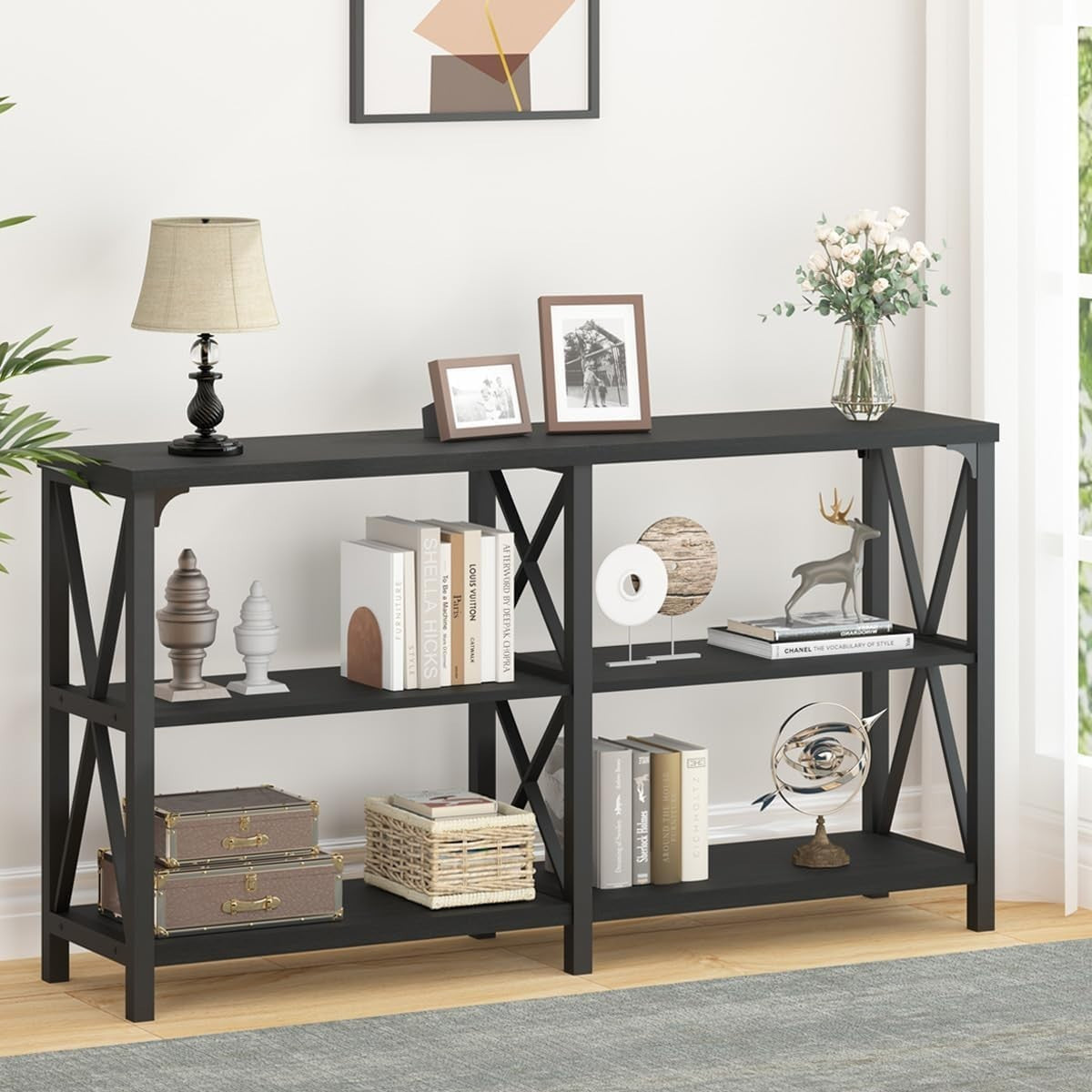 Black Oak Console Table 55” 3-Tier Shelf Metal Frame Entryway Storage