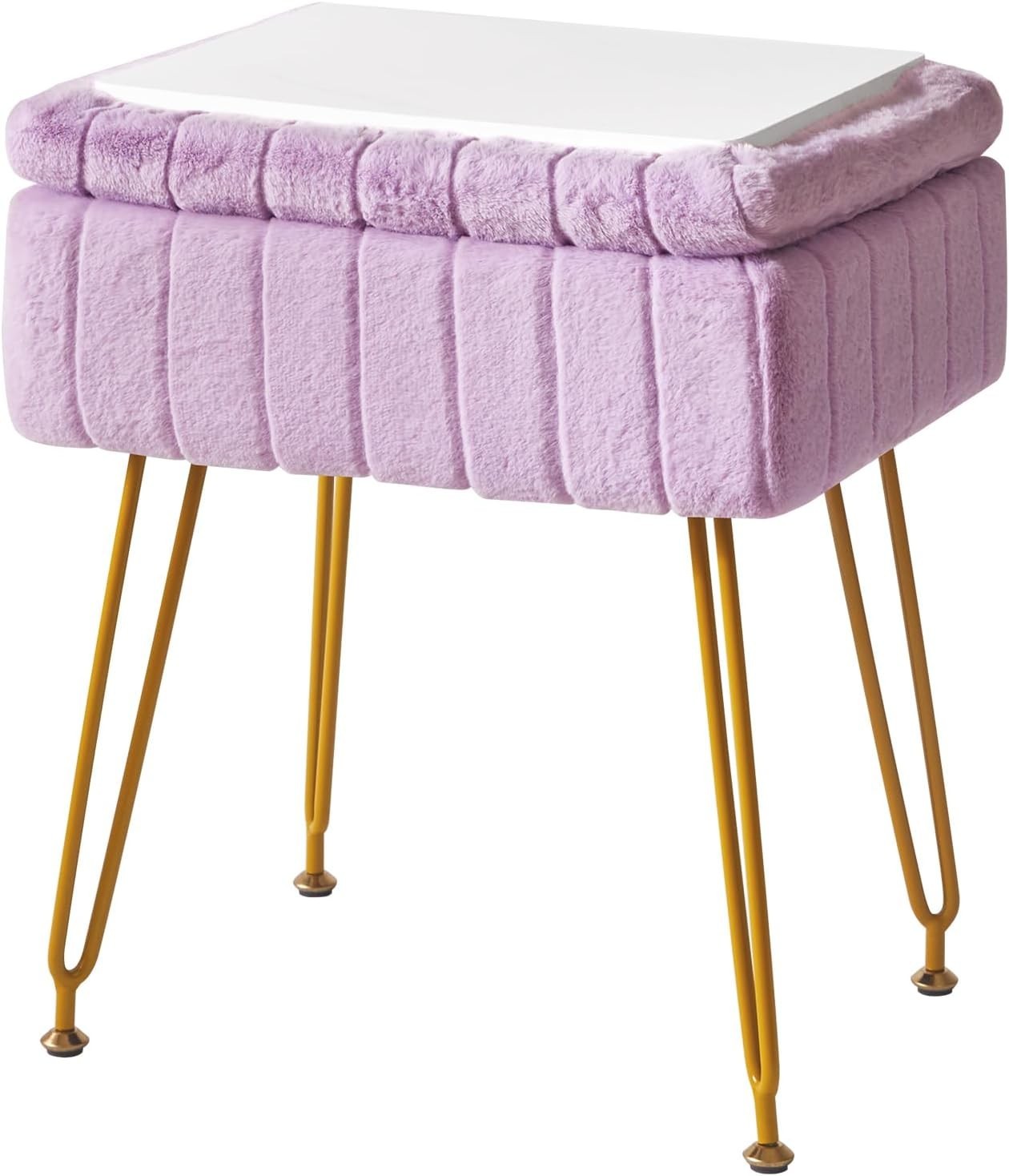 Purple Faux Fur Storage Footstool – Ottoman Stool with Metal Legs