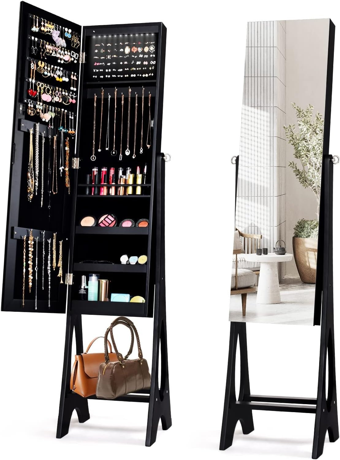 Black Standing Jewelry Armoire Lockable LED Mirror Adjustable Storage