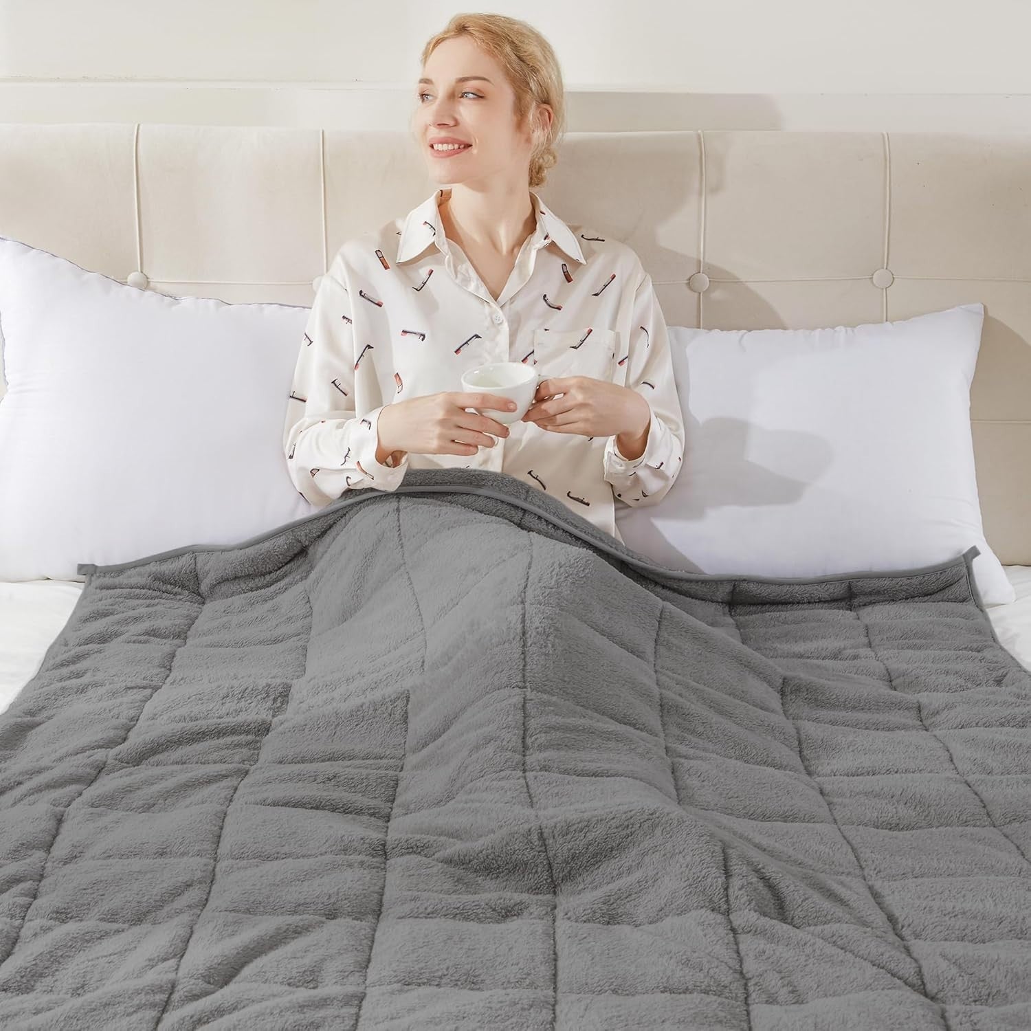 4kg Weighted Blanket, Dark Grey Teddy Fleece Quilted 125x150cm Anxiety Relief