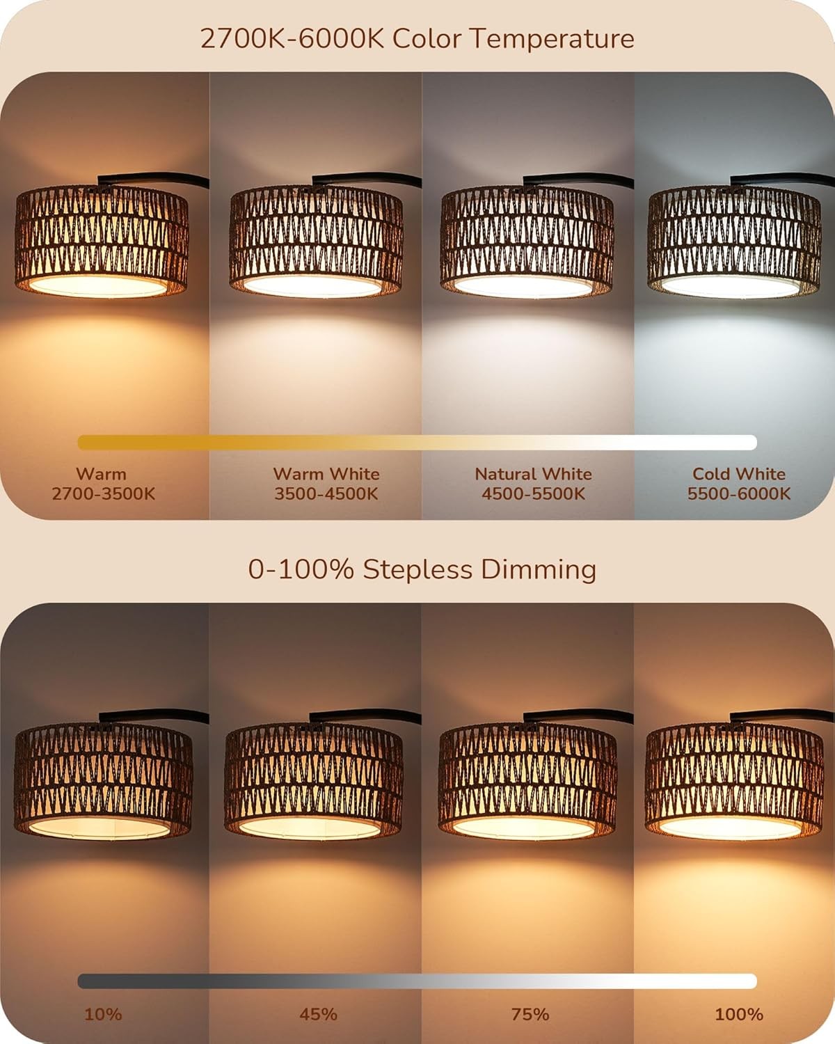 Arc Floor Lamp Black Rattan Shade Dimmable Remote Boho LED Standing Light