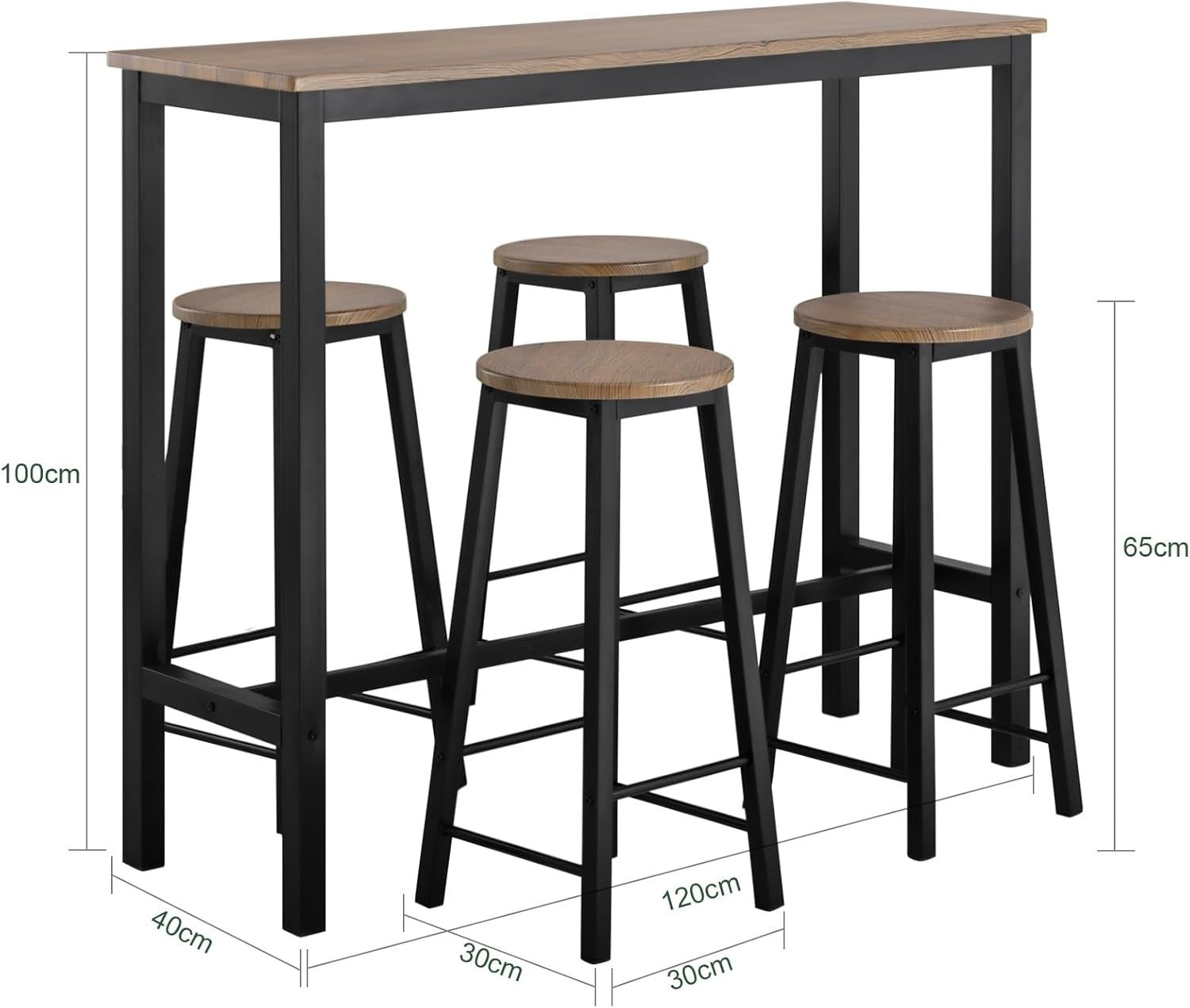 5-Piece Breakfast Bar Table Set with 4 Stools Wood Grain Top Metal Frame