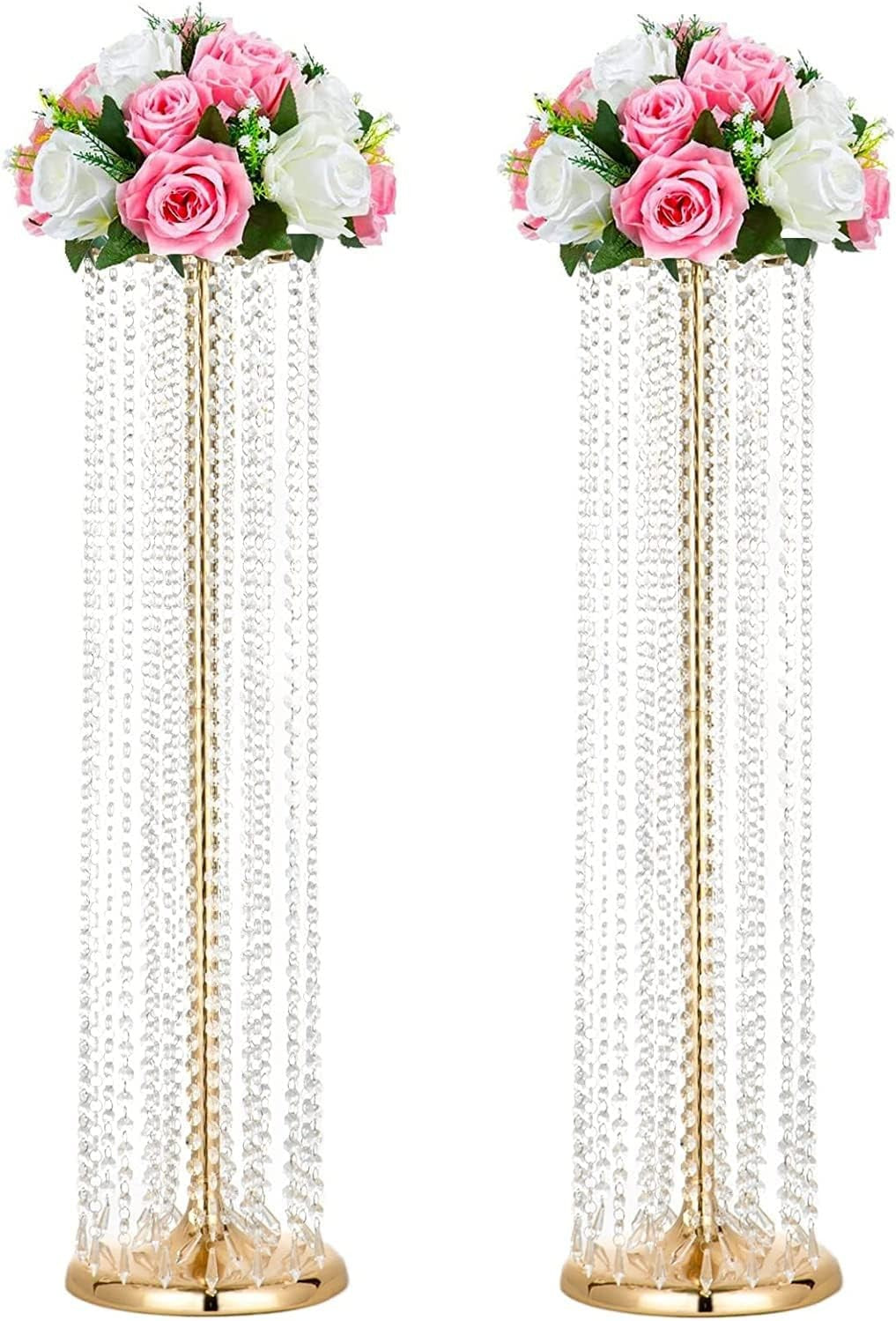 Gold Crystal Wedding Flower Stand Pair 90cm Tall Event Table Centrepiece
