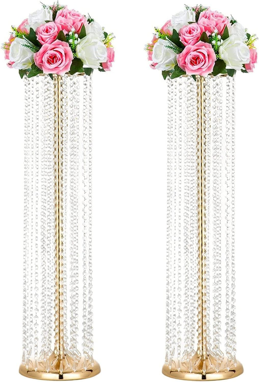 Gold Crystal Wedding Flower Stand Pair 90cm Tall Event Table Centrepiece