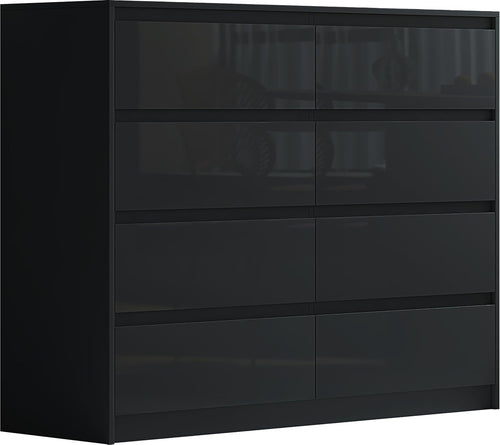 8 Drawer High Gloss Black Sideboard Chest - Modern Storage, Bedroom & Office