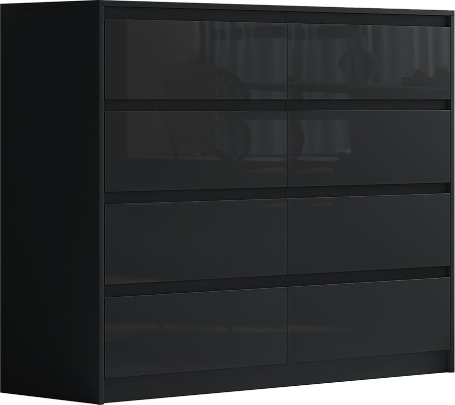 8 Drawer High Gloss Black Sideboard Chest - Modern Storage, Bedroom & Office