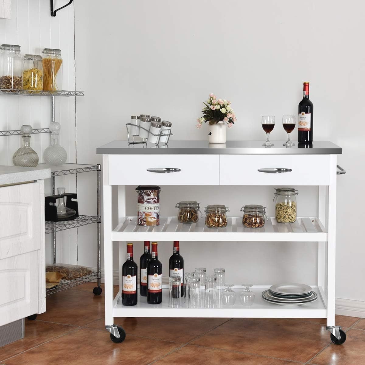 Kitchen Island Trolley on Wheels Stainless Steel Worktop Storage Cart