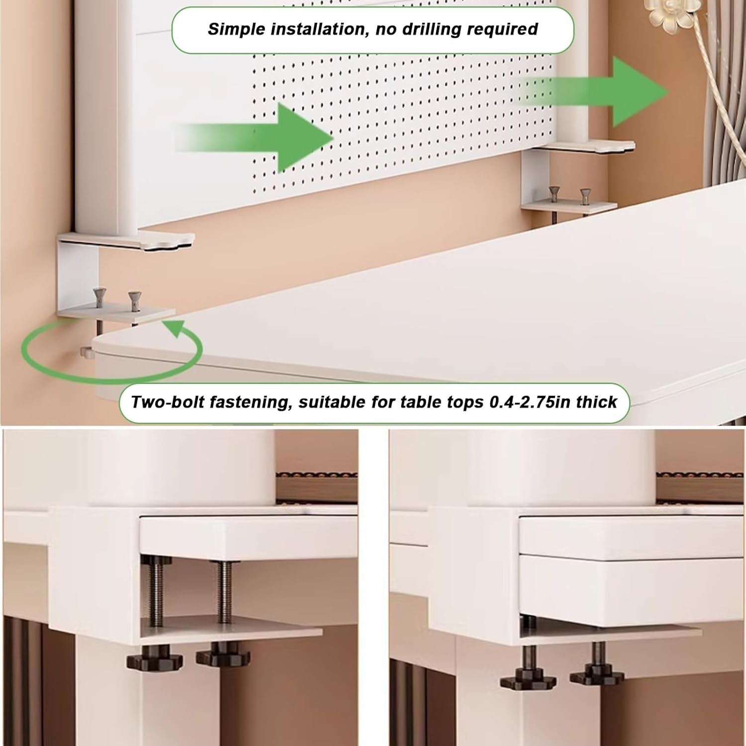 Clamp-On Desk Organizer Shelf 2-Tier White Pegboard Workstation Rack 60cm