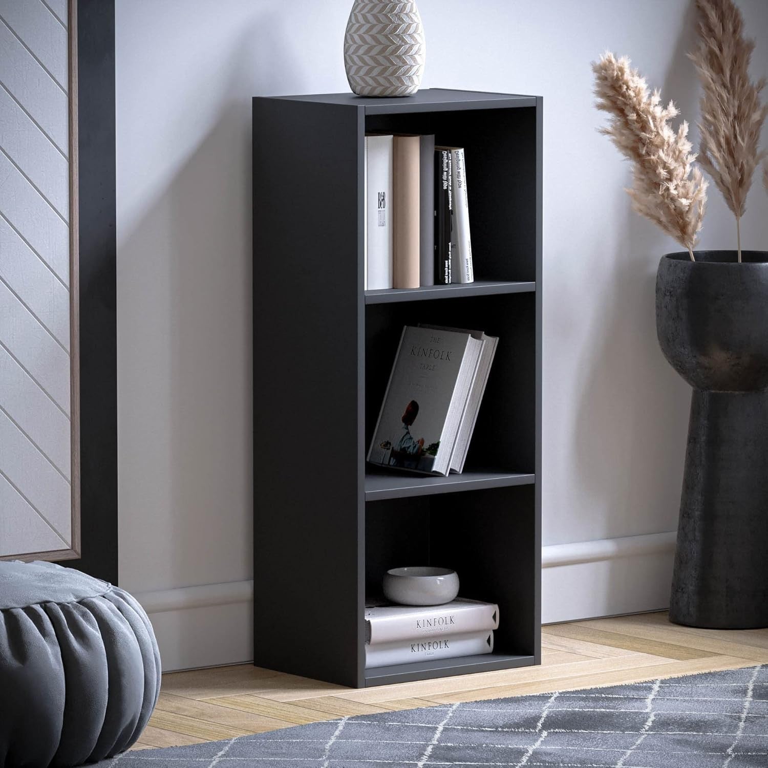 3 Tier Black Wooden Cube Bookcase Small Storage Shelf for Living Room Office