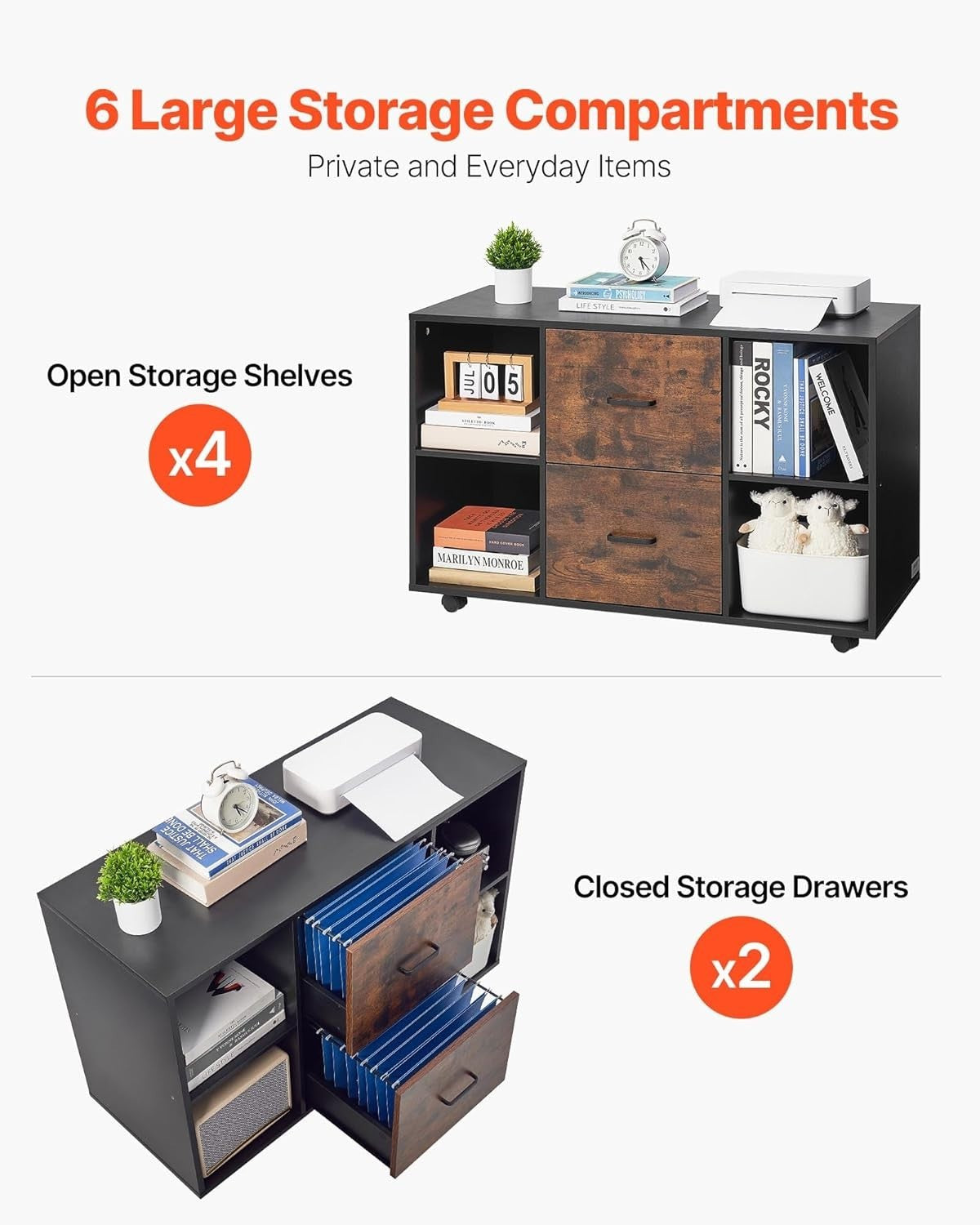 Mobile Wooden Filing Cabinet with Lockable Wheels & Storage Shelves