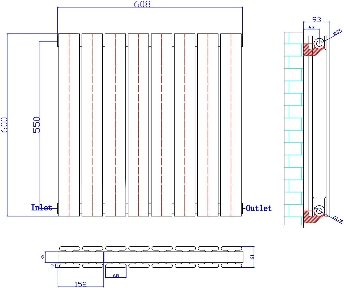 600 x 600mm Horizontal Designer Anthracite Radiator, Double Panel, High Heat Out