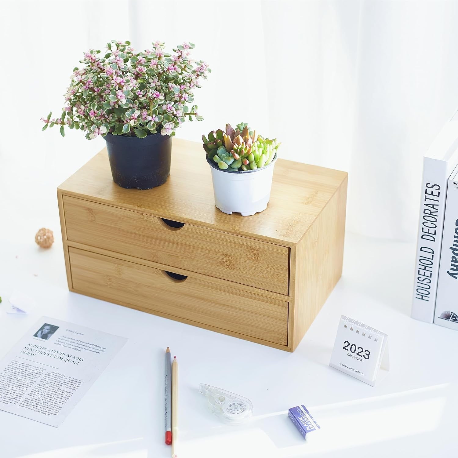 Bamboo Desk Organizer with 2 Drawers | Countertop Storage for Office/Home