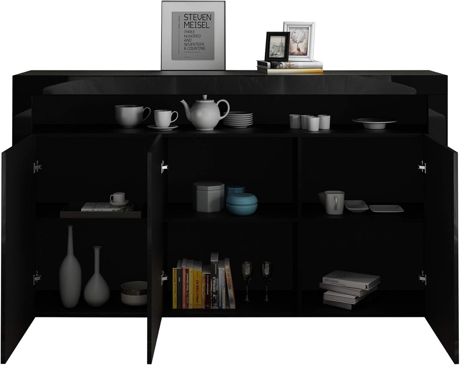 High Gloss Sideboard Cabinet with LED Lights, 3 Doors & Drawers, Modern Black