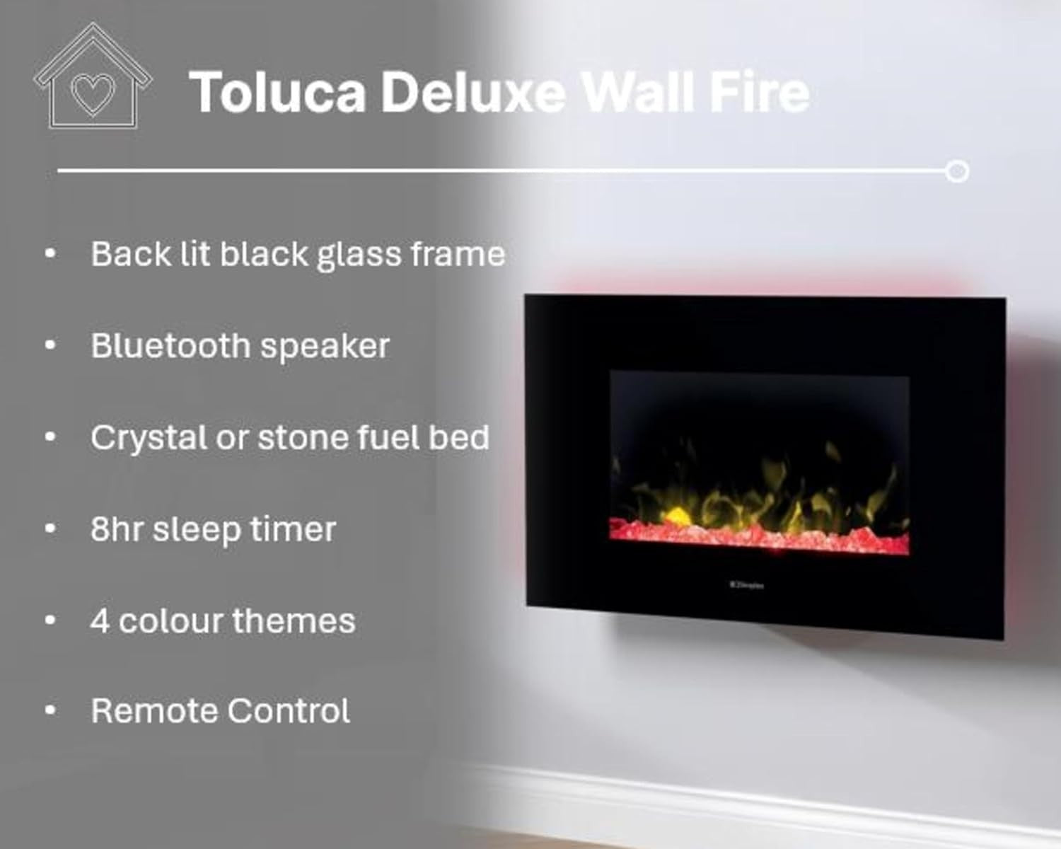 Wall Mounted LED Electric Fireplace Black Glass 2kW Heater Bluetooth