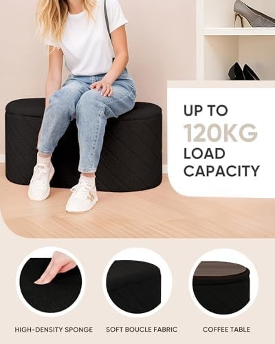 Black Oval Storage Ottoman Bench 3-in-1 Footrest Seat with Hidden Storage