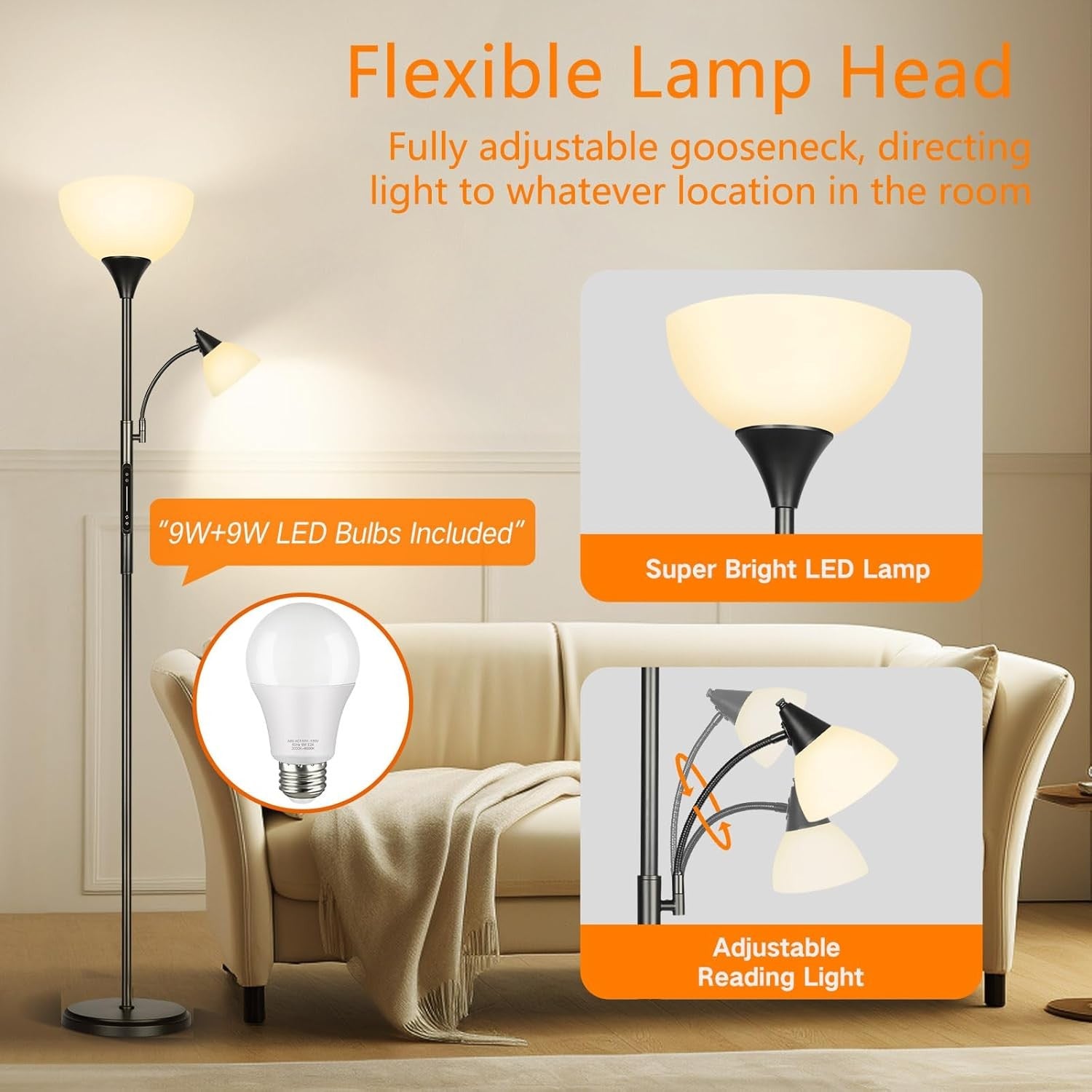 LED Dimmable Floor Lamp Touch Remote Uplighter Reading Light Tall Black