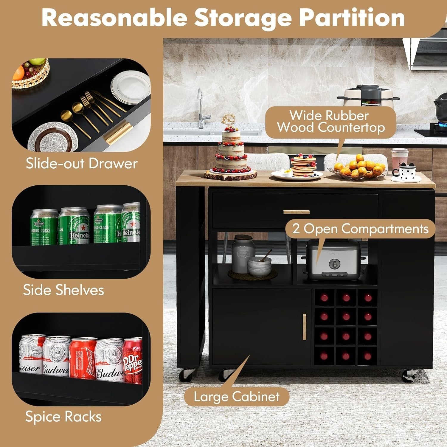 Rolling Kitchen Island Cart w/ Rotatable Worktop, Wine Rack & Lockable Wheels
