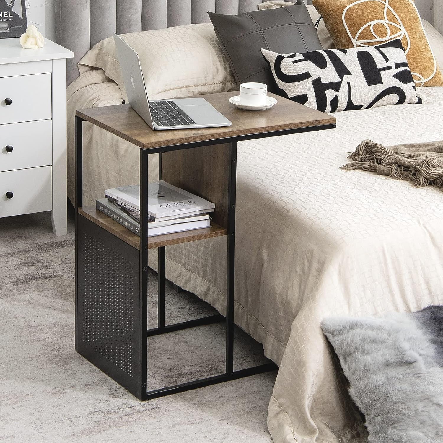 Reversible C-Shaped Industrial Side Table with Storage Shelf – Metal & Wood Beds