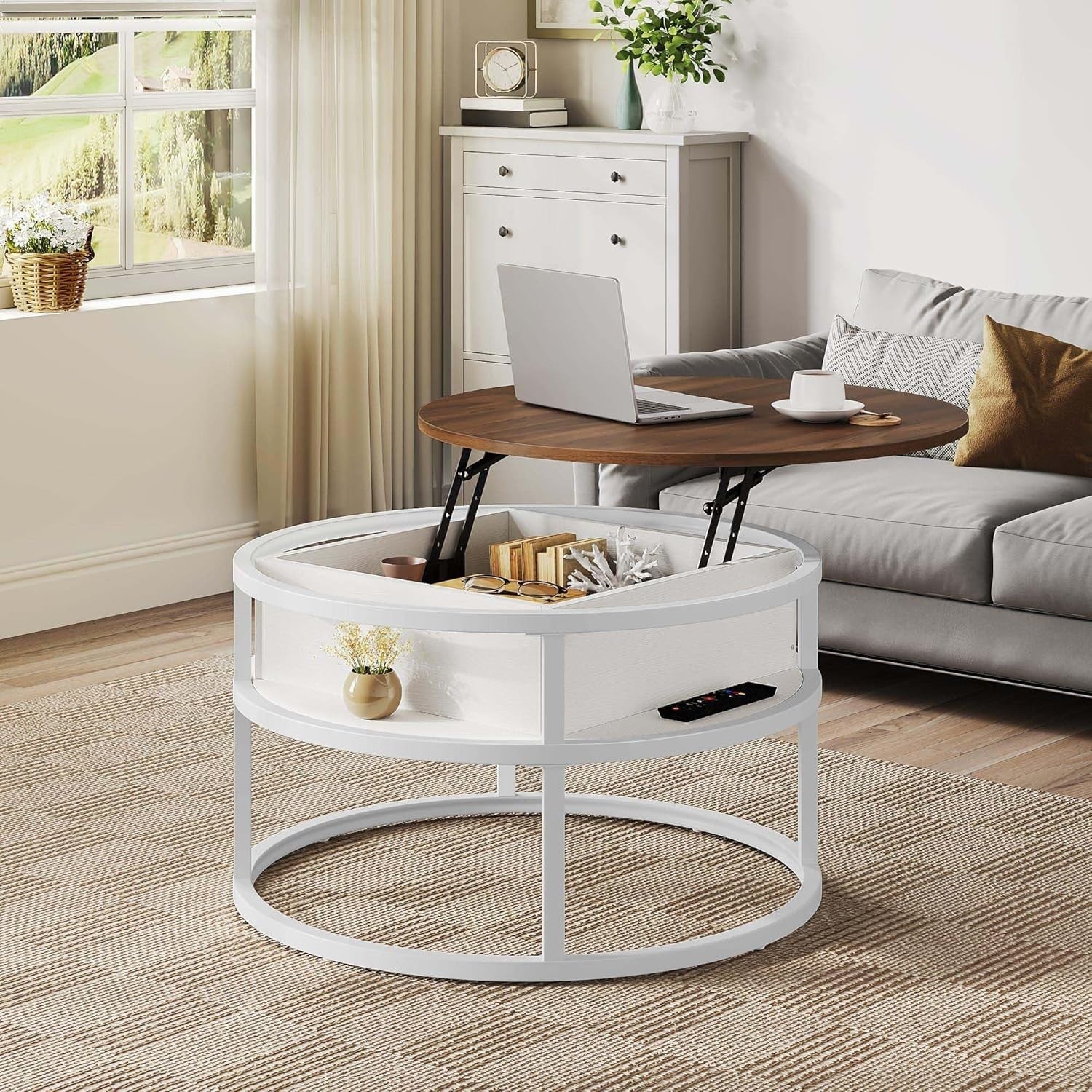 Lift Top Coffee Table Walnut White 80x80cm with Hidden Storage Shelves