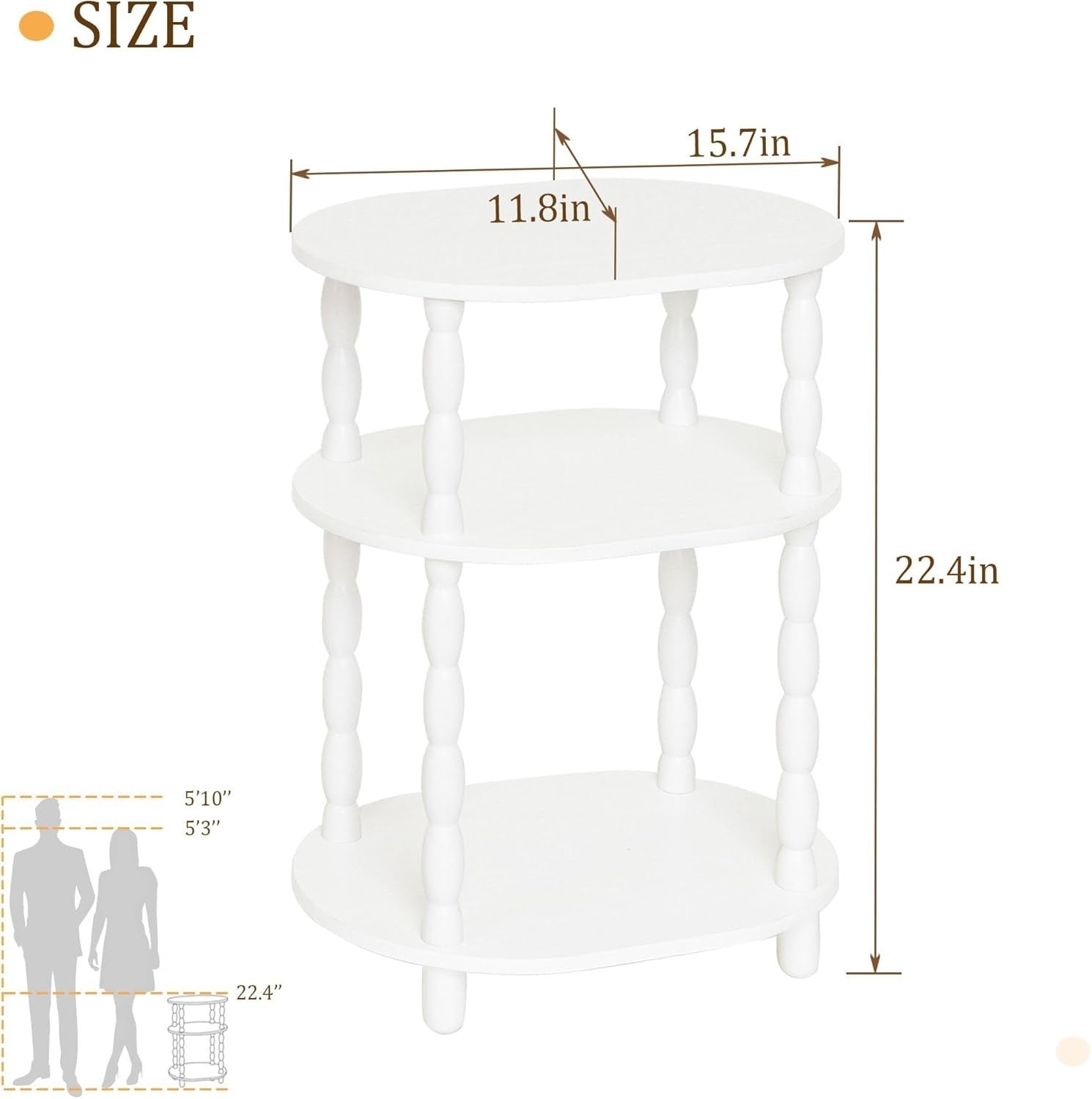 3-Tier Oval Side Table White, Compact Modern End Table with Storage Shelves