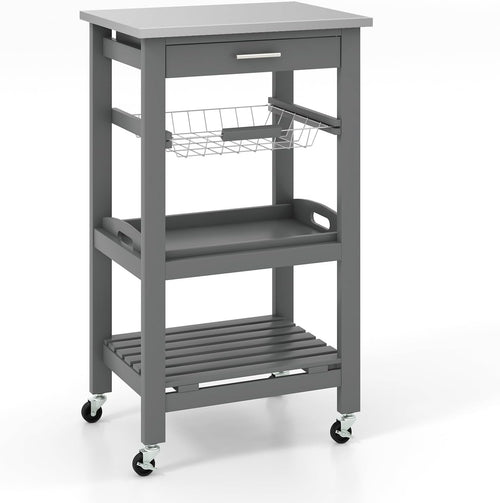 Kitchen Storage Trolley on Wheels with Drawer Wire Basket & 4 Tier Shelves