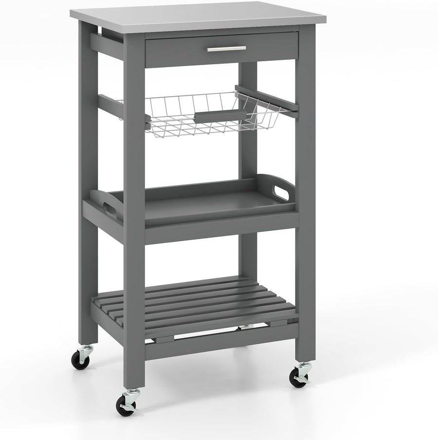 Kitchen Storage Trolley on Wheels with Drawer Wire Basket & 4 Tier Shelves