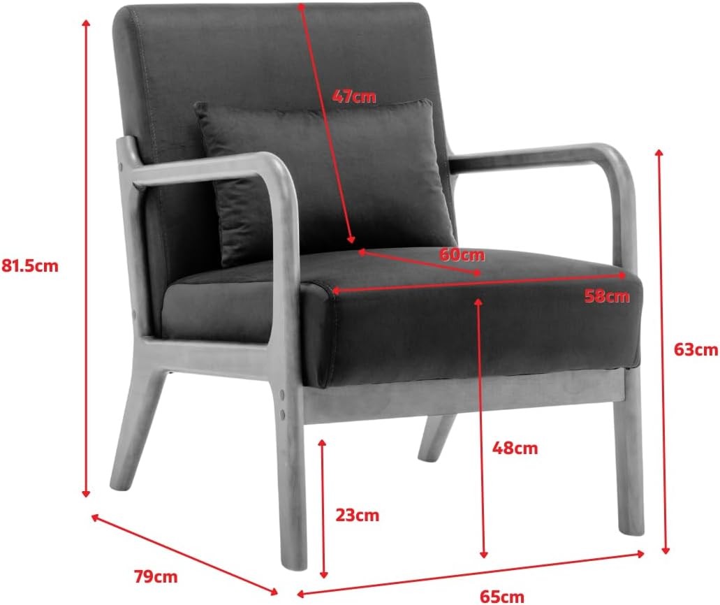 Dark Grey Linen Armchair w/ Lumbar Cushion – Small Wooden Accent Chair