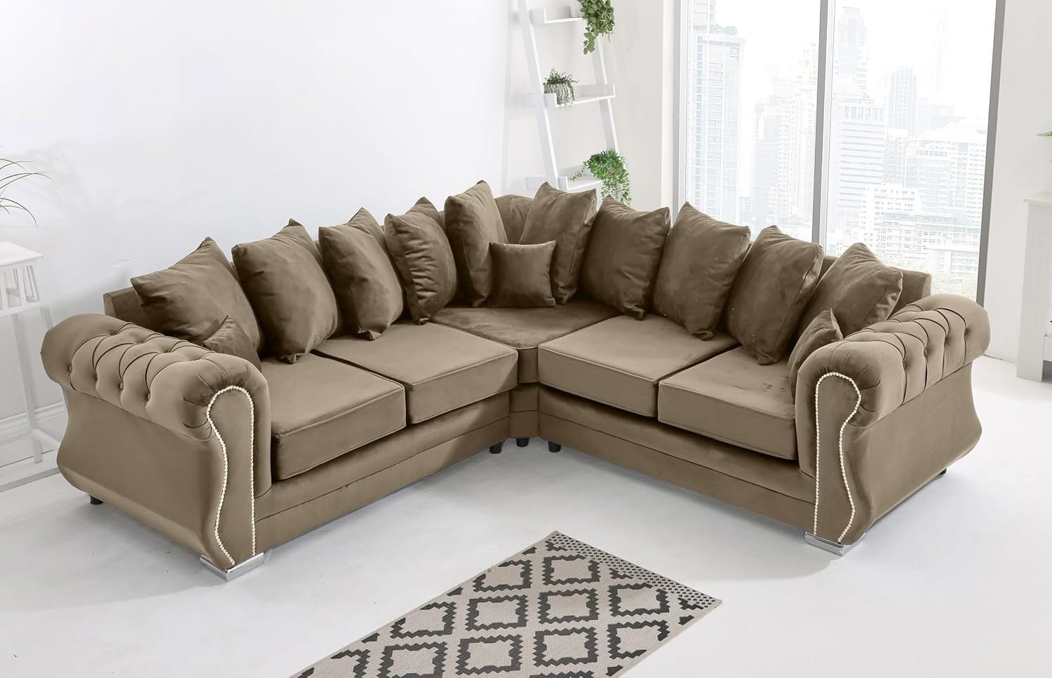Mink Plush Velvet 5 Seater Corner Sofa with Foam Cushions & Button Tufted