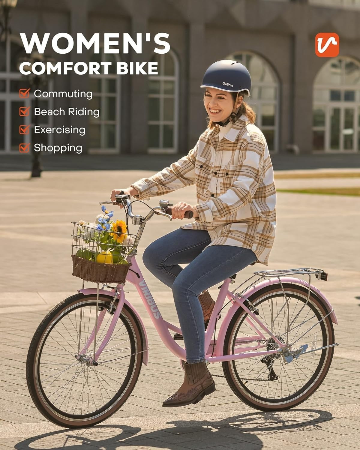 66cm Women’s Comfort City Bike with 7-Speed, Basket & Rear Rack, Pink