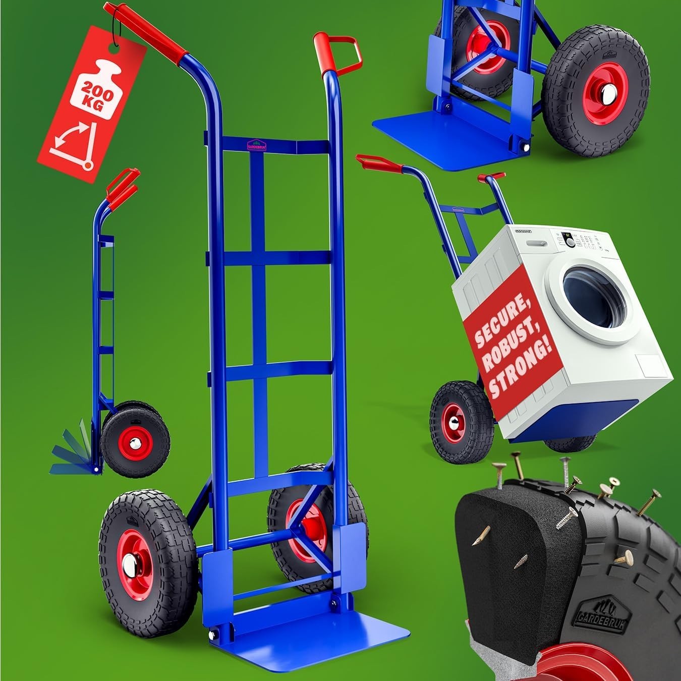 Heavy Duty 200kg Sack Truck w/ Solid PU Tyres & Foldable Shovel Blue Red