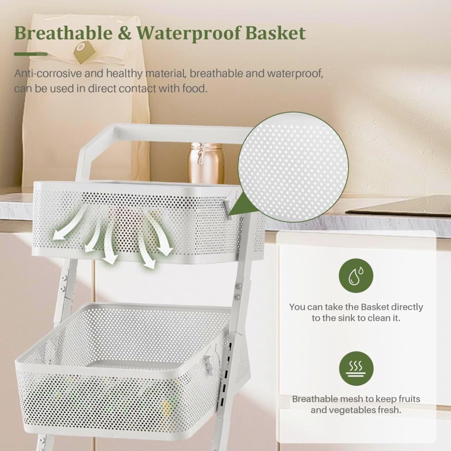 3 Tier Rolling Storage Trolley Metal Basket Organizer with Wheels White
