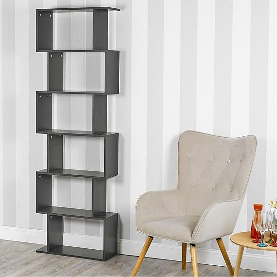 URBNLIVING Wooden S-Shaped Display Bookcase Storage Divider Unit (Black, 6 Tier)