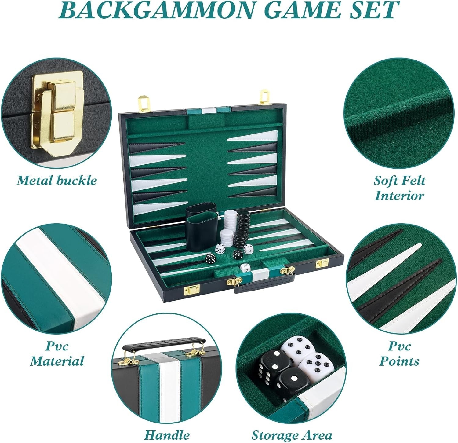 Backgammon Set 15in Faux Leather Case Travel Board Game for 2 Players