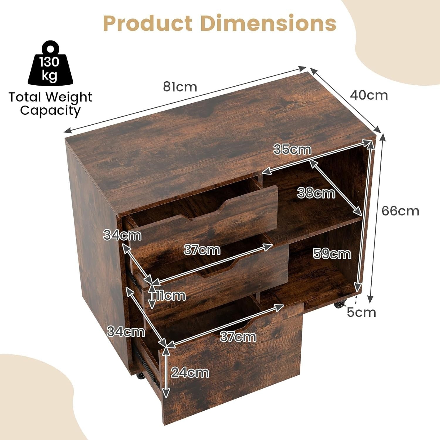 Brown Lateral Mobile Filing Cabinet 3 Drawer A4 Letter Printer