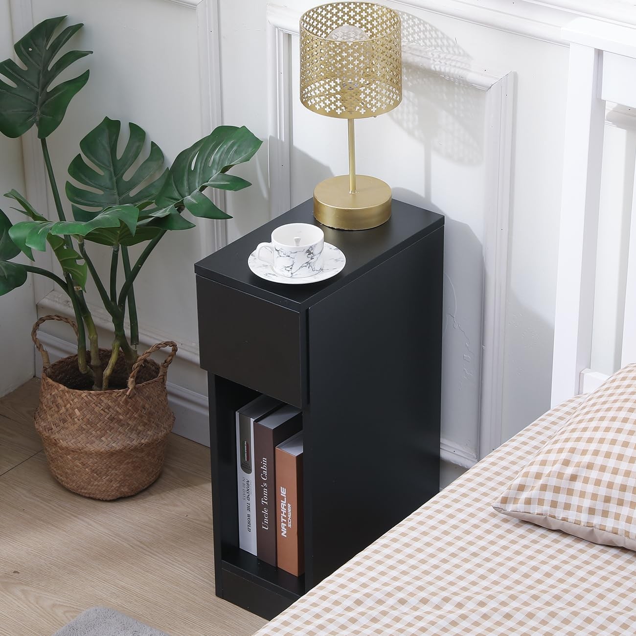 Black Slim Bedside Table with Drawer & Shelf, Narrow Nightstand for Small Rooms