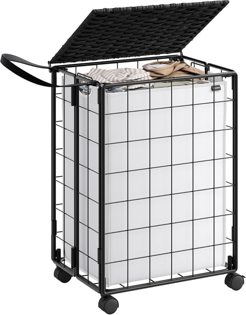 Rolling Laundry Basket with Lid & Wheels 46x33x65cm Removable Bag Trolley