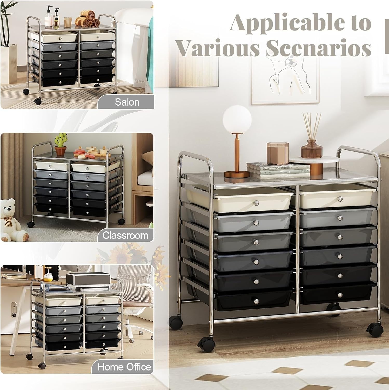 12 Drawer Rolling Storage Cart Gray Utility Trolley Organizer Wheels