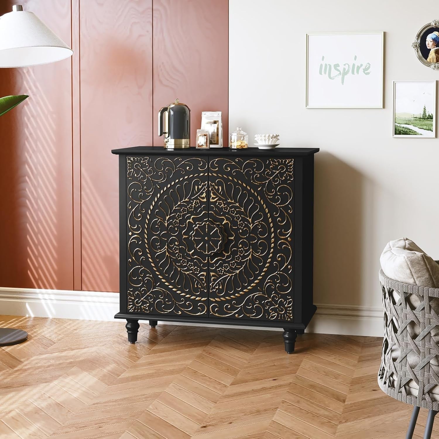 Black Carved Wood Sideboard Cabinet 2 Door Boho Vintage Storage Unit