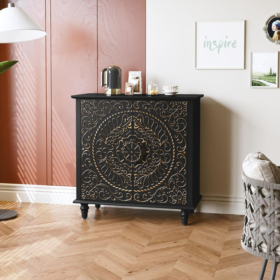Black Carved Wood Sideboard Cabinet 2 Door Boho Vintage Storage Unit