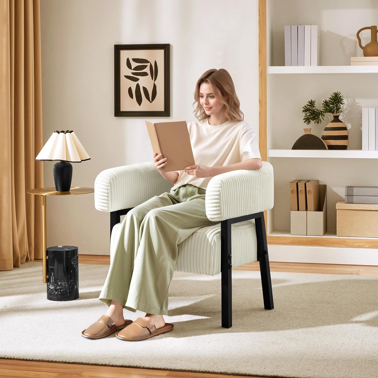 Corduroy Tub Chair Accent Armchair with Pocket Beige